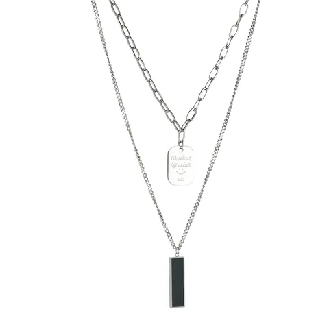 Double Layered Stainless Steel Necklace With Muchas Gracias Engraved Tag And Black Bar Pendant Minimalist Jewelry