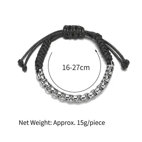 Unisex Spliced Bracelet With Stainless Steel Square Beads And Black Braided Nylon Rope Adjustable Punk Hip Hop Hand Jewelry