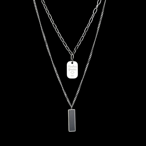 Double Layered Stainless Steel Necklace With Muchas Gracias Engraved Tag And Black Bar Pendant Minimalist Jewelry