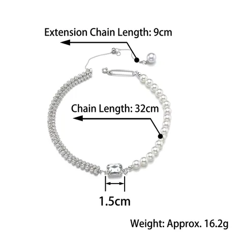 Collana Asimmetrica Con Künstliche Perle Bianche E Doppia Fila Di Strass Con Ciondolo In Zircone Rettangolare Da Donna