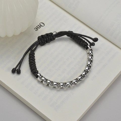 Unisex Spliced Bracelet With Stainless Steel Square Beads And Black Braided Nylon Rope Adjustable Punk Hip Hop Hand Jewelry