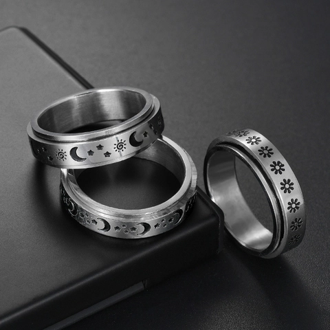 Spinner Ring Edelstahl Drehbar Sonne Mond Stern Gänseblümchen Himmlisch Angstlinderung Band Für Damen Herren