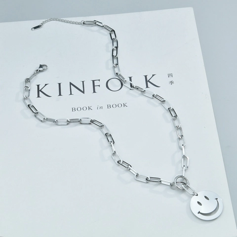 Smiley Face Pendant Necklace Stainless Steel Paperclip Chain Minimalist Hip Hop Ins Style Jewelry For Women