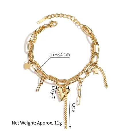 Stainless Steel Layered Heart Bear Cross Pendant Bracelet For Women Gold Plated Double Chain Artificial Pearl Charm Bangle