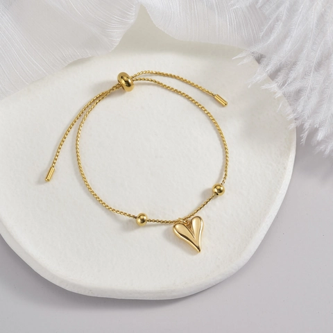 Heart Pendant Bracelet Stainless Steel Adjustable Sliding Buckle French Luxury Style Gold Plated Jewelry For Women