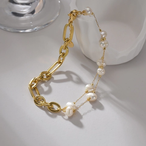 Bracciale Con Künstliche Perle Giuntate Acciaio Inossidabile Placcato Oro 14K Doppio Strato Catena Paperclip Da Donna Gioielli Di Moda