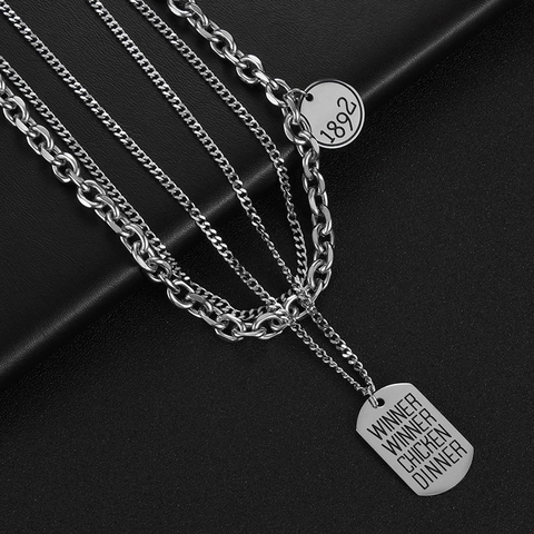 Multi Layered Stainless Steel Necklace Hip Hop Round Pendant Square Dog Tag Unisex Streetwear Jewelry