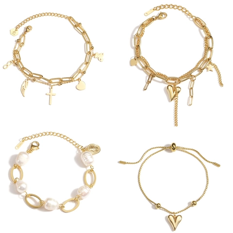 Stainless Steel Layered Heart Bear Cross Pendant Bracelet For Women Gold Plated Double Chain Artificial Pearl Charm Bangle