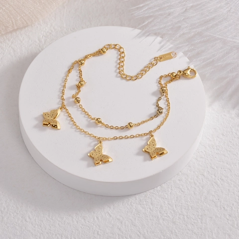 Double Layer Butterfly Charm Bracelet Titanium Stainless Steel Gold Plated Vintage Jewelry For Women Adjustable