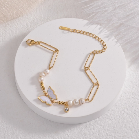 Bracciale In Acciaio Inossidabile Ciondolo Farfalla Con Perla D'acqua Dolce E Zircone Gioielli Di Moda Per Donna