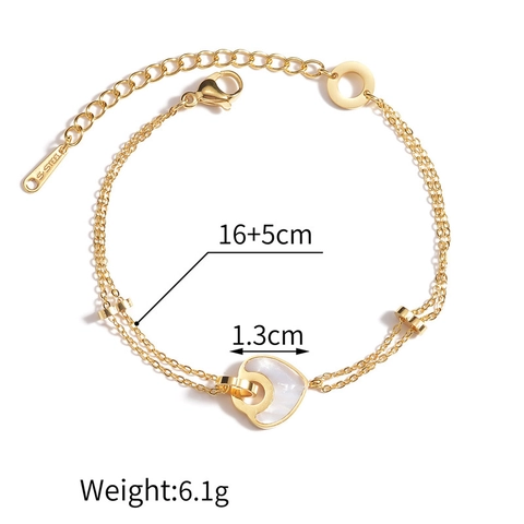 Damen Doppelreihiges Edelstahl Armband 14K Gold Vergoldet Französischer Stil Minimalistischer Herzanhänger Weiße Perlmutt