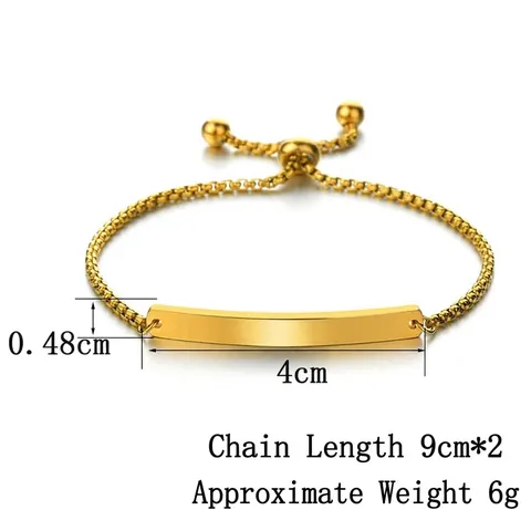 Stainless Steel Bracelet Adjustable Slider Clasp Box Chain Polished Curved Blank Bar ID Plate Minimalist Jewelry Women Kids
