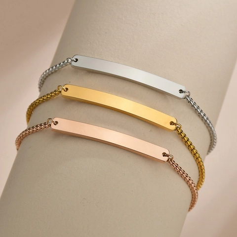 Stainless Steel Bracelet Adjustable Slider Clasp Box Chain Polished Curved Blank Bar ID Plate Minimalist Jewelry Women Kids