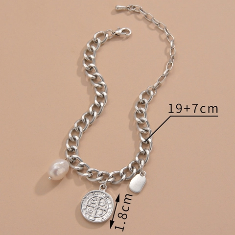 Bracciale A Catena Vintage In Acciaio Inossidabile Con Perla Artificial Barocca Moneta Ritratto Pendente Per Uomo Donna