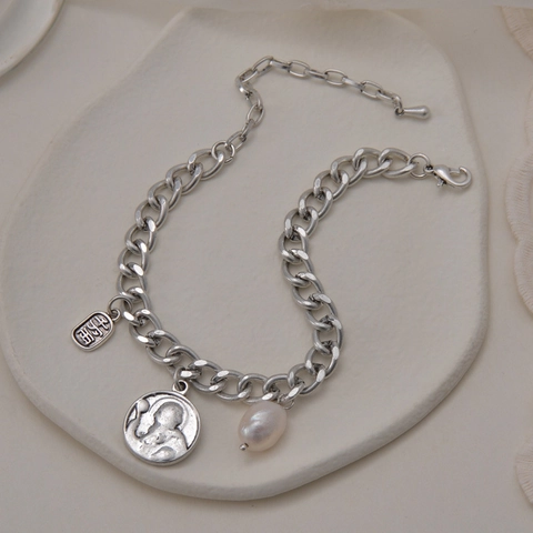 Bracciale A Catena Vintage In Acciaio Inossidabile Con Perla Artificial Barocca Moneta Ritratto Pendente Per Uomo Donna