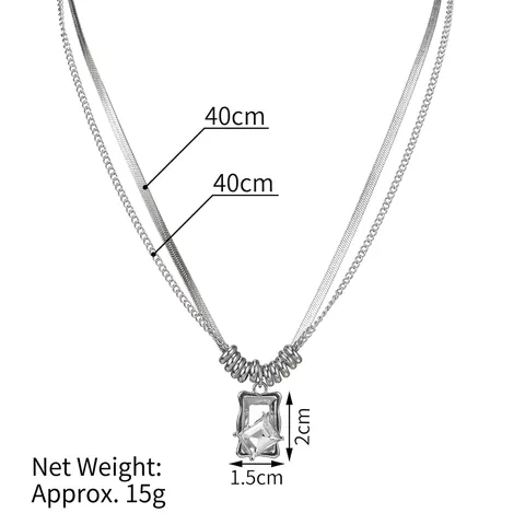 Stainless Steel Double Layered Necklace Square Cubic Zirconia Geometric Pendant Trendy Ins Style Choker For Women