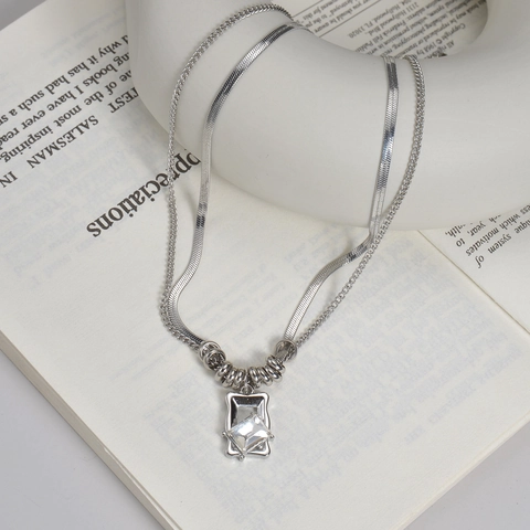 Stainless Steel Double Layered Necklace Square Cubic Zirconia Geometric Pendant Trendy Ins Style Choker For Women