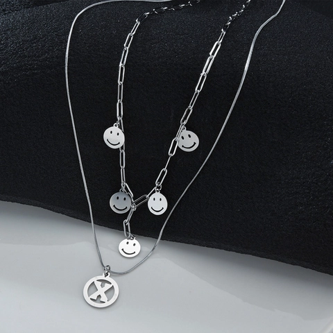Collier Double Couche Minimaliste Acier Inoxydable Pendentif Smiley Et Lettre X Chaîne Trombone Serpent Streetwear Femmes