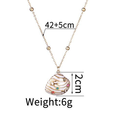 Shell Pendant Necklace Stainless Steel 14K Gold Plated White Enamel Multi Color Zirconia Coral Pattern Bead Chain Women