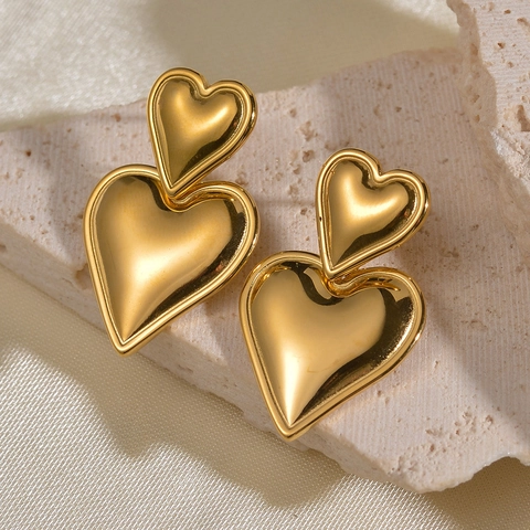 Boucles d'Oreilles Clous Double Cœur Style Français Acier Inoxydable Plaqué Or Texture Ridée Irrégulière Pour Femmes