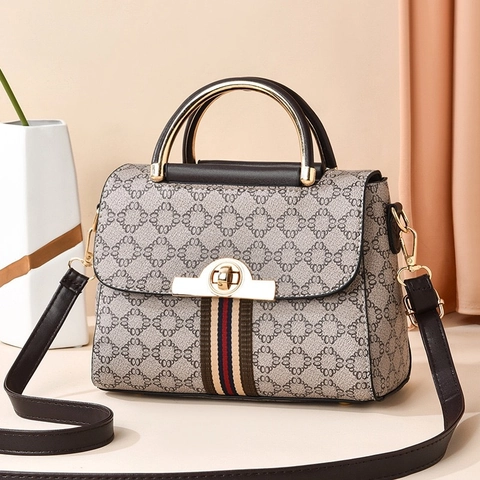Women Crossbody Bag PU Leather Geometric Monogram Print Striped Webbing Circular Metal Handle Rotary Lock Satchel