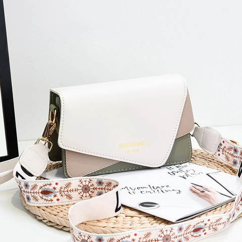 Borsa a Tracolla da Donna alla Moda con Blocco di Colore in Pelle PU Piccola Borsa Quadrata con Tracolla Larga Ricamata Borsa a Spalla Casual