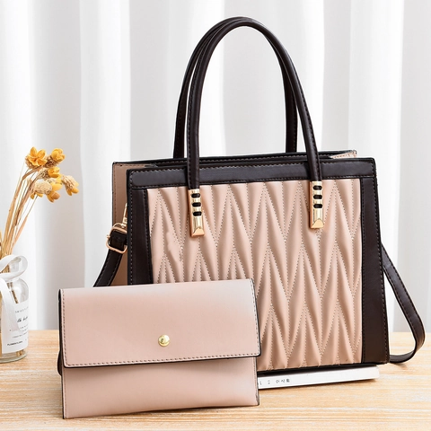 Women Handbag And Wallet PU Leather Pleated Quilted Pattern Elegant Business Casual Large Tote Contrast Color