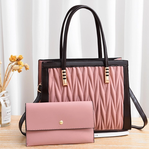 Women Handbag And Wallet PU Leather Pleated Quilted Pattern Elegant Business Casual Large Tote Contrast Color