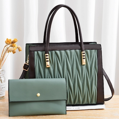 Women Handbag And Wallet PU Leather Pleated Quilted Pattern Elegant Business Casual Large Tote Contrast Color