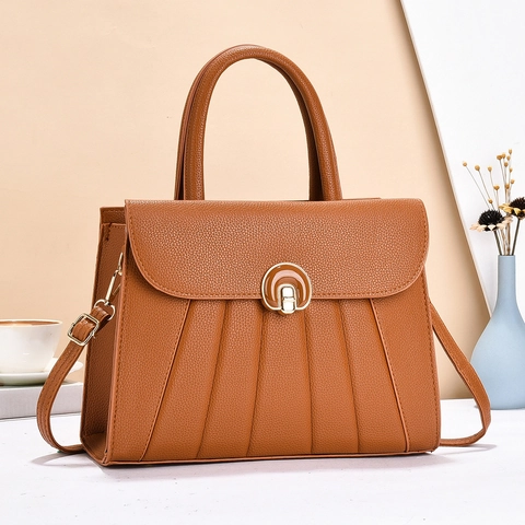 Women Handbag Lychee Pattern PU Leather Vertical Pleated Shoulder Crossbody Bag Large Capacity Elegant Style Top Handle
