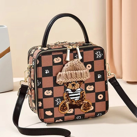 Schachbrettmuster PU Leder Kleine Quadratische Schultertasche 3D Bär Muster Trendige Umhängetasche Für Damen Koreanischer Stil