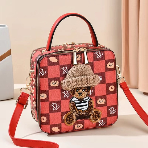 Schachbrettmuster PU Leder Kleine Quadratische Schultertasche 3D Bär Muster Trendige Umhängetasche Für Damen Koreanischer Stil