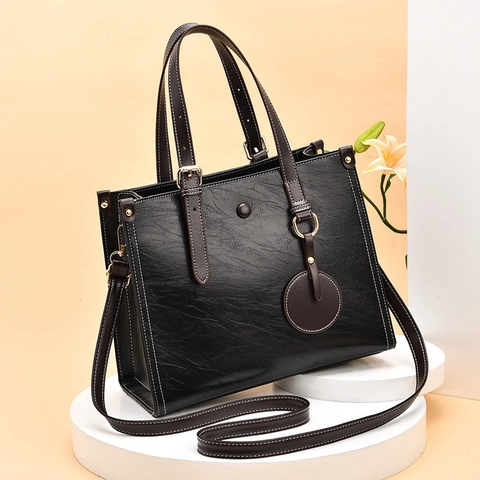 Women PU Leather Tote Handbag Large Capacity Shoulder Bag With Multi Compartments Contrast Stitching Retro Commute Style