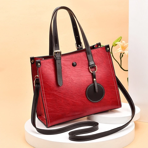 Women PU Leather Tote Handbag Large Capacity Shoulder Bag With Multi Compartments Contrast Stitching Retro Commute Style