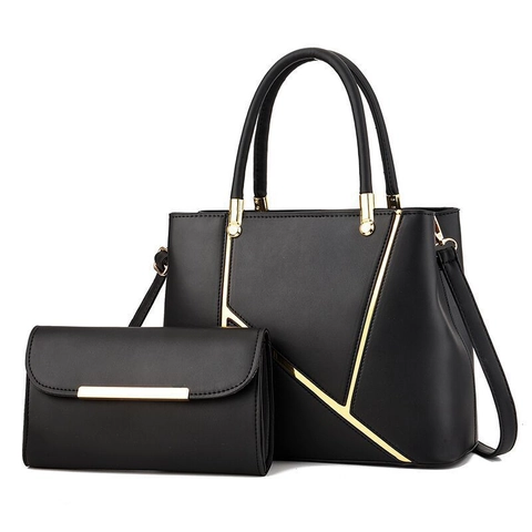 Women PU Leather Handbag And Clutch Gold Geometric Metal Decor Top Handle Crossbody Bag Korean Style Elegant Fashion