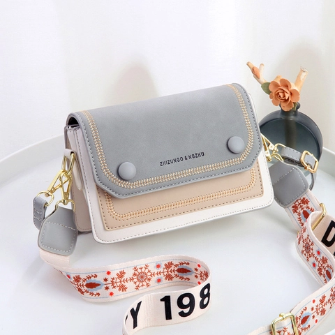 Borsa a Tracolla Patchwork Donna Pelle PU Tracolla Larga Tessuto Piccola Borsa Quadrata Moda Colore Contrasto