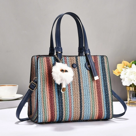 Striped Contrast Color Woven Tote Bag With Plush Cat Charm PU Leather Handle Large Capacity Shoulder Handbag For Women