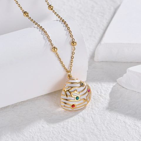 Shell Pendant Necklace Stainless Steel 14K Gold Plated White Enamel Multi Color Zirconia Coral Pattern Bead Chain Women