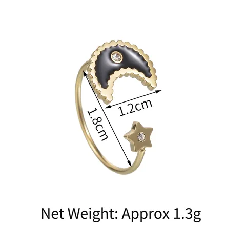 Stainless Steel Moon And Star Adjustable Ring With Black Enamel And Cubic Zirconia Inlay Minimalist Jewelry For Women