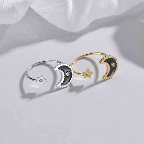 Stainless Steel Moon And Star Adjustable Ring With Black Enamel And Cubic Zirconia Inlay Minimalist Jewelry For Women
