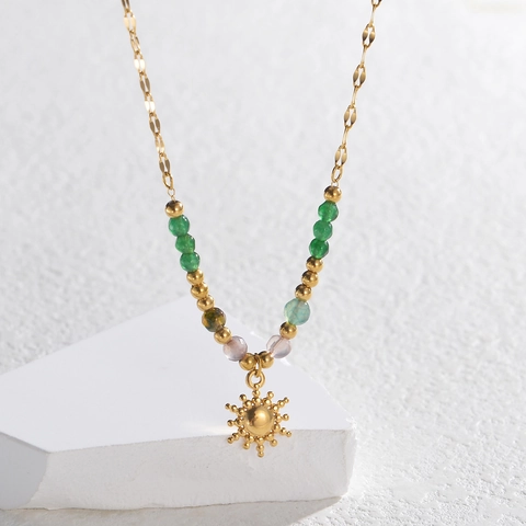 Collier Pendentif Soleil En Acier Inoxydable Plaqué Or Avec Perles Colorées Chaîne À Maillons Vintage Pour Femme