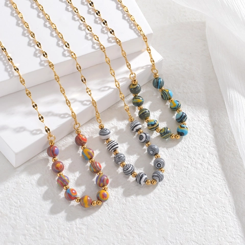 Kralenketting Roestvrij Staal Verguld Macaron Swirl Marmerpatroon Ronde Kralen Boheemse Vintage Stijl Voor Dames
