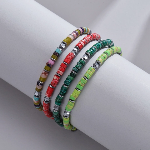 Cilindrische Steen Kralen Armband Met Roestvrij Stalen Kreeft Sluiting Verstelbare Kleurrijke Boho Sieraden Voor Mannen Vrouwen