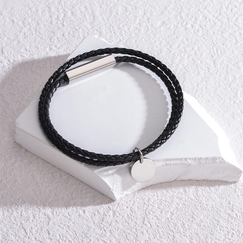 Bracciale In Pelle Intrecciata Acciaio Inossidabile Targhetta Rotonda Minimalista Stile Punk Gioielli Unisex