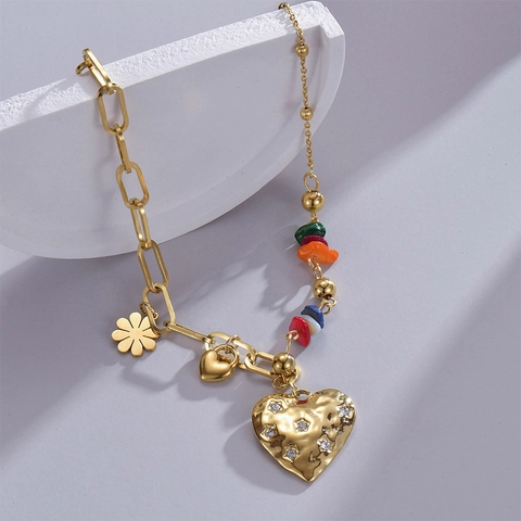 14K Gold Plated Titanium Steel Heart Pendant Necklace With Colorful Natural Stones Zircon Asymmetric Chain Women Jewelry