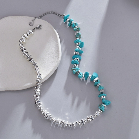 Turquoise Kralen Ketting Roestvrij Staal Onregelmatig Grind Etnisch Retro Bohemen Sieraden Voor Vrouwen