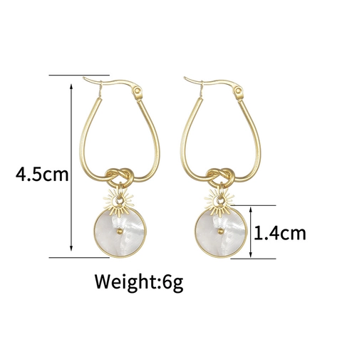 Orecchini Pendenti In Madreperla Bianca Motivo Sole Acciaio Inossidabile Placcato Oro 14K Gancio Nodo Disco Tondo Donna