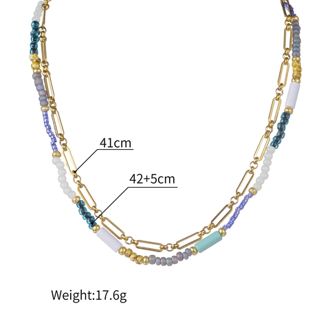 Vintage French Style Double Layer Necklace Stainless Steel Chain Colorful Beads Flower Pendant Bohemian Stacked Jewelry