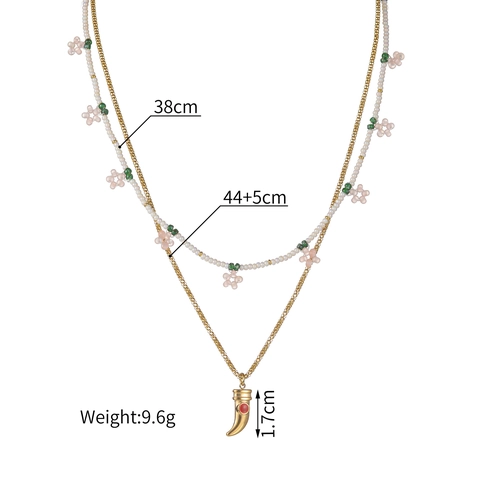 Collana A Doppio Strato In Acciaio Inossidabile Con Perline Colorate Fiore Rosa E Ciondolo A Corno Pietra Rossa Stile Boho