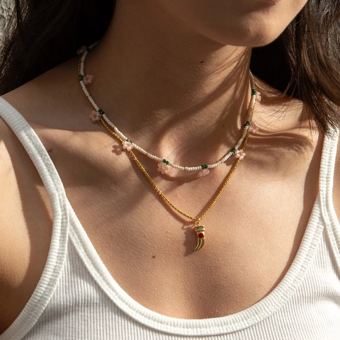 Collana A Doppio Strato In Acciaio Inossidabile Con Perline Colorate Fiore Rosa E Ciondolo A Corno Pietra Rossa Stile Boho